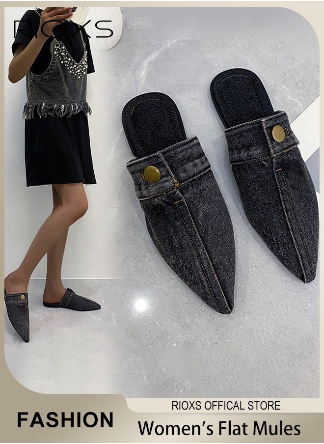 RIOXS Women's Flat Mules,Pointed Toe Loafer Shoes,Closed Toe Mules,Slip On Backless Flats Shoes,Fashion Casual Denim Slippers For Women Ladies,Flats For Shopping Walking Work or Travel  - Image 1