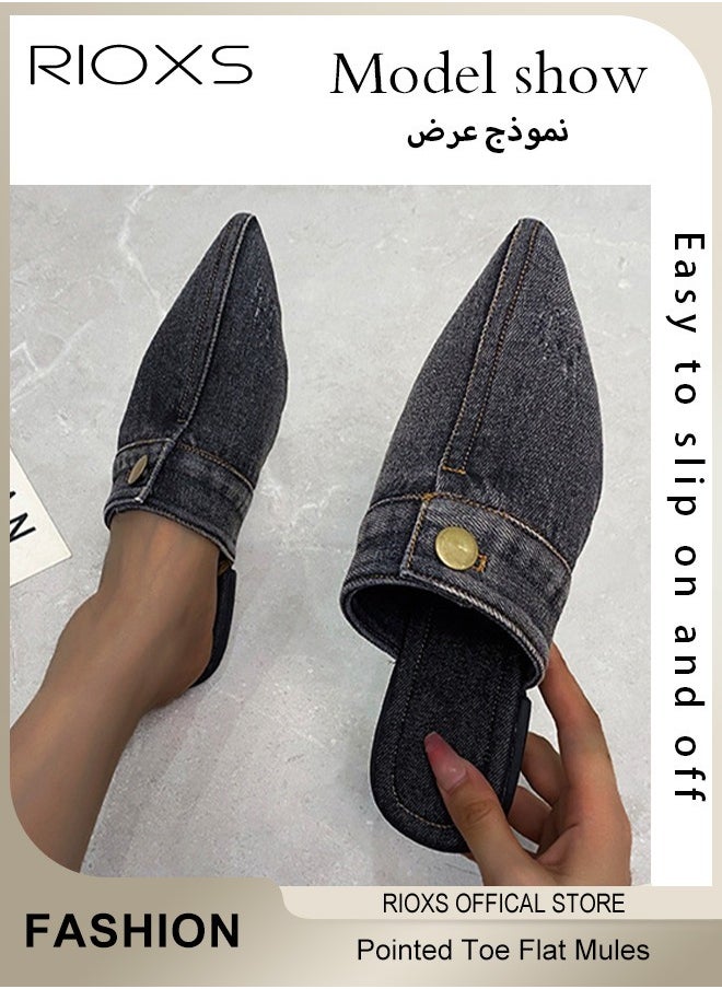 RIOXS Women's Flat Mules,Pointed Toe Loafer Shoes,Closed Toe Mules,Slip On Backless Flats Shoes,Fashion Casual Denim Slippers For Women Ladies,Flats For Shopping Walking Work or Travel  - Image 2