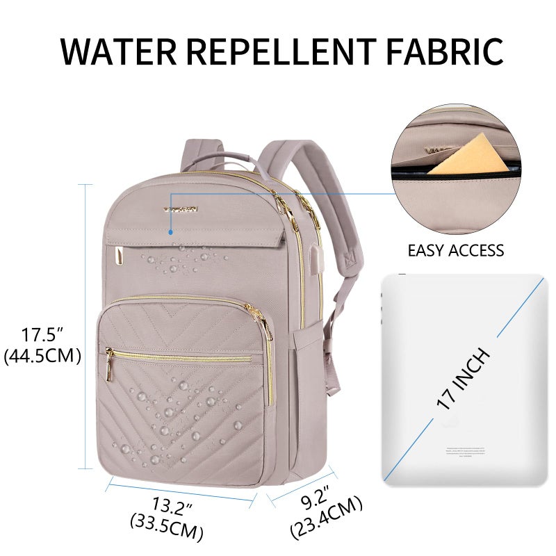 VANKEAN 17.3 Inch Laptop Backpack for Women Work Laptop Bag Fashion with USB Port, Waterproof Backpacks Stylish Travel Bags Casual Daypacks for College, Business, Light Dusty Pink - Image 3