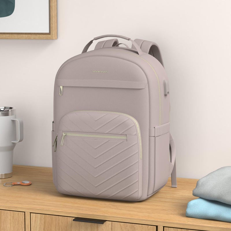 VANKEAN 17.3 Inch Laptop Backpack for Women Work Laptop Bag Fashion with USB Port, Waterproof Backpacks Stylish Travel Bags Casual Daypacks for College, Business, Light Dusty Pink - Image 2