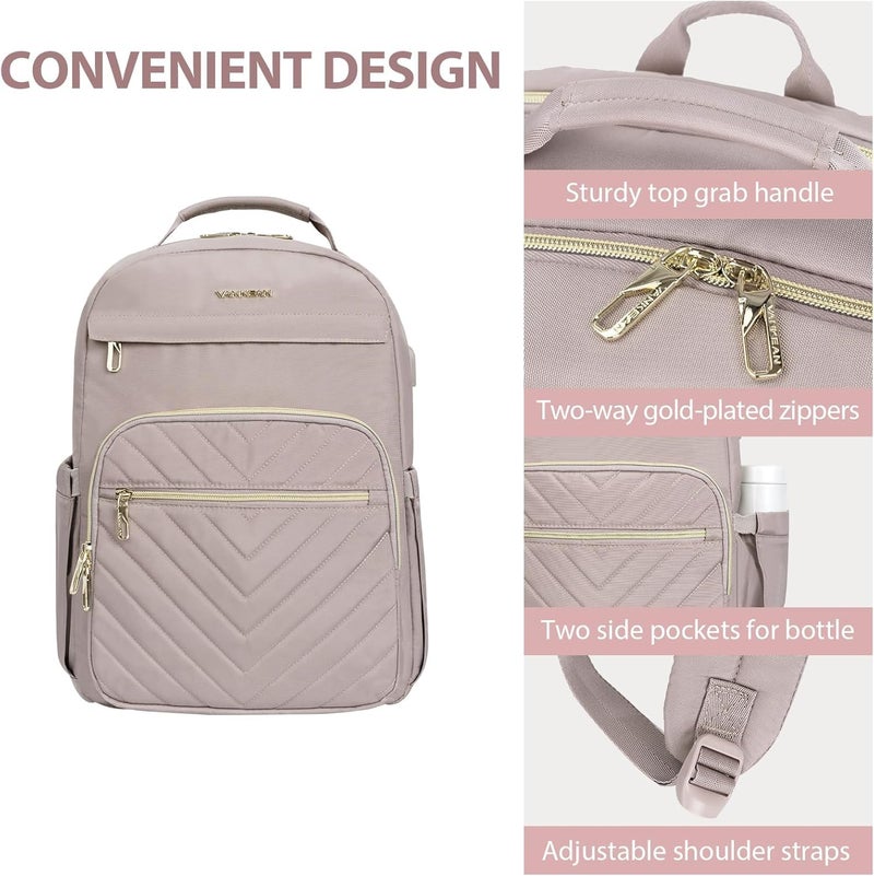 VANKEAN 17.3 Inch Laptop Backpack for Women Work Laptop Bag Fashion with USB Port, Waterproof Backpacks Stylish Travel Bags Casual Daypacks for College, Business, Light Dusty Pink - Image 5