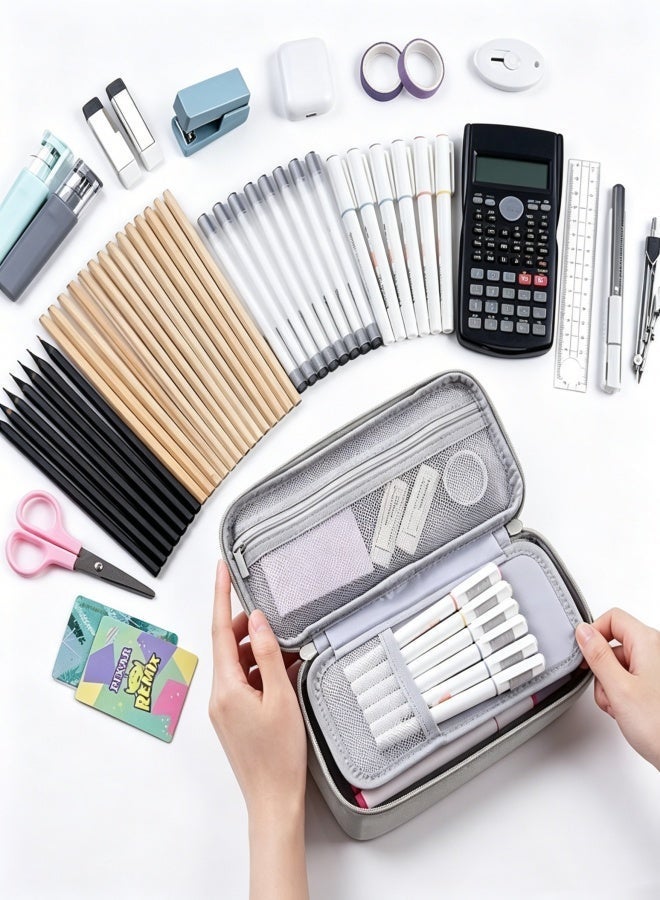 Joychic Large Capacity Storage Pencil Case, Aesthetically Pleasing Pencil Case Organizer with Handle, Grey Pencil Case Suitable for School and Office Supplies - Image 2