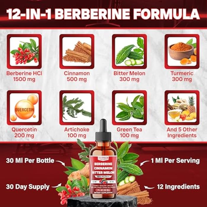 Tenmido 12in1 Berberine Supplement - Berberine Liquid Drops with Ceylon Cinnamon, Bitter Melon, Turmeric, Quercetin, Artichoke, Apple Cider Vinegar, Green Tea & More - 30 Days Supply - 1FL Oz - Image 3
