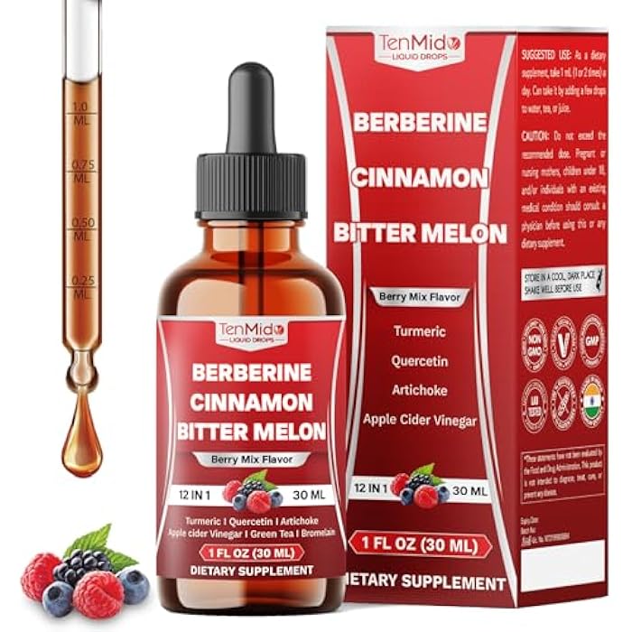 Tenmido 12in1 Berberine Supplement - Berberine Liquid Drops with Ceylon Cinnamon, Bitter Melon, Turmeric, Quercetin, Artichoke, Apple Cider Vinegar, Green Tea & More - 30 Days Supply - 1FL Oz - Image 1