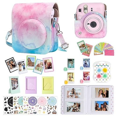 CAIYOULE Accessories for Fuji Instax Mini 12 Camera, Accessory Bundle Include PU Leather 12 Case, Mini Picture Album, Frames, DIY Stickers, Color Filter (No Camera) - Blue Pink Watercolor - Image 1