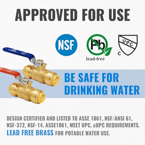 SUNGATOR Shut Off Ball Valve 1/2 Inch, SUNGATOR 1/2 Inch Ball Valve, Push-to-Connect Water Shutoff, Easily Match to Pipe using Red and Blue Handle, No Lead Brass Fittings for PEX Pipe, Copper, CPVC, Pack of 2 - Image 2