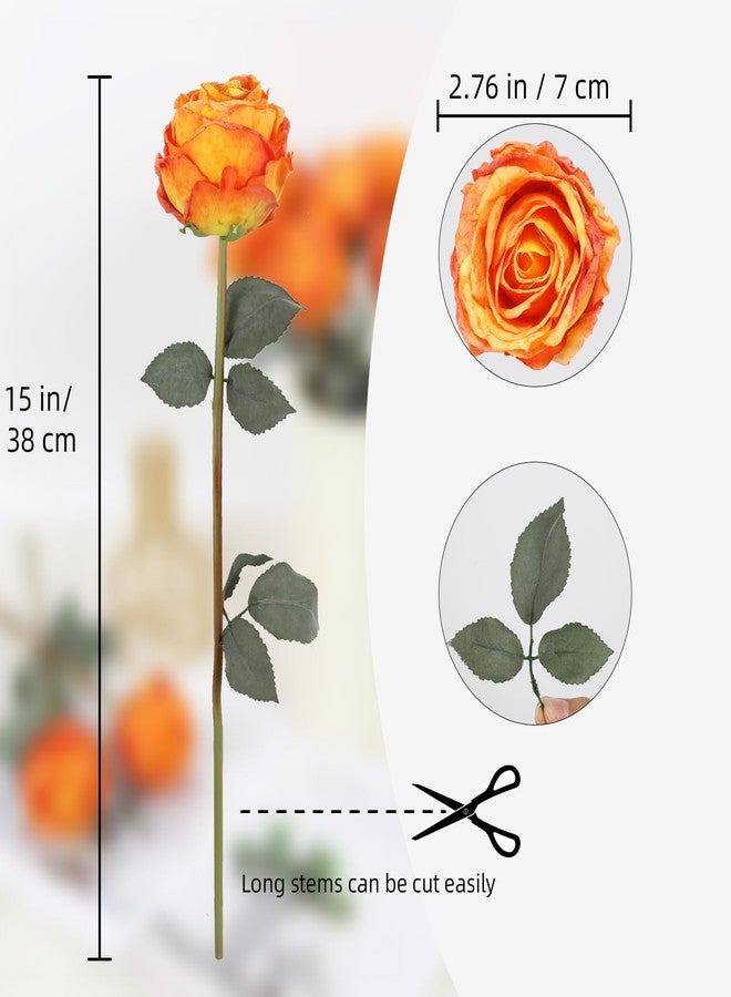 IPOPU 10PCS Orange Roses Artificial Flowers Vintage Silk Fake Flower Bouquet Faux Roses with Long Stems for Wedding Bouquet Table Centerpiece Home Party Decor(Orange) - Image 2