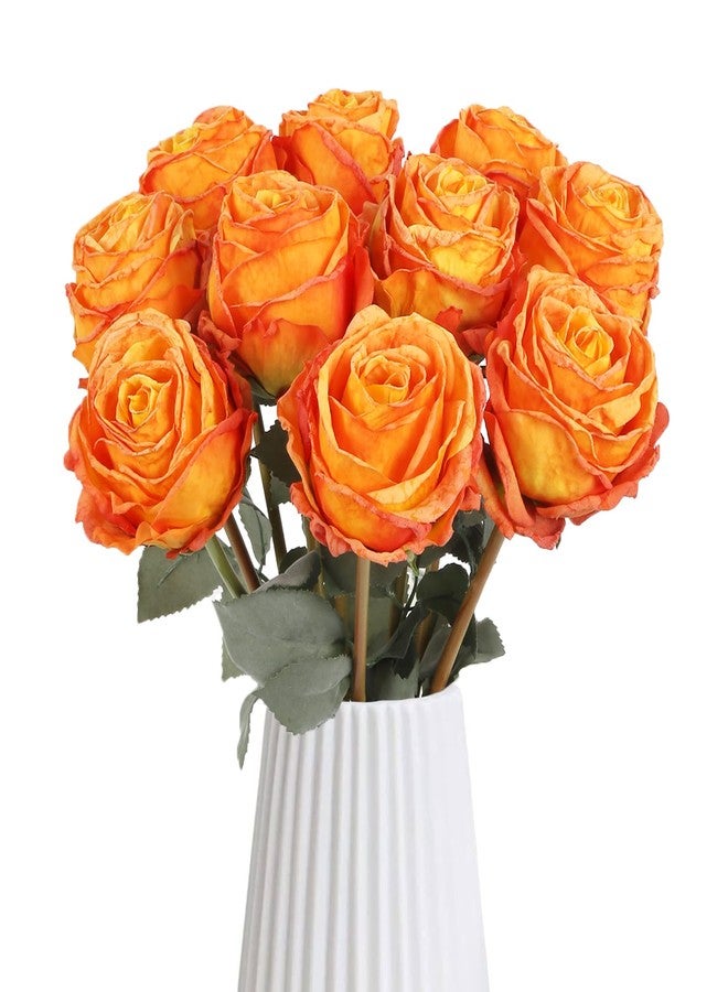 IPOPU 10PCS Orange Roses Artificial Flowers Vintage Silk Fake Flower Bouquet Faux Roses with Long Stems for Wedding Bouquet Table Centerpiece Home Party Decor(Orange) - Image 1