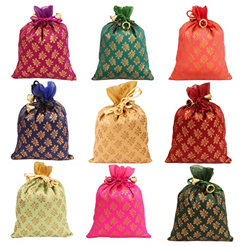 Touchstone Drawstring Bags Traditional Indian Handcrafted in Mimosa leaf Pattern Brocade fabric Perfect for Gifts Jewelry Weddings Sweet Distribution Set of 9 Vibrant Multicolor Pouches Purses Potli - Image 1