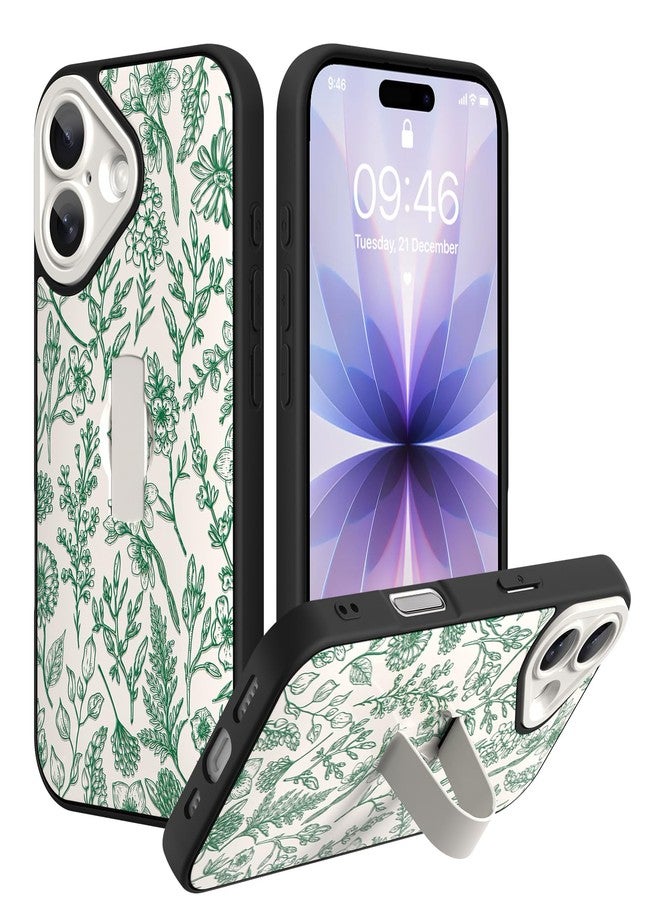 سوكاد جراب SOKAD لهاتف iPhone 17 مع مسند وحزام للأصابع، جراب هاتف بتصميم زهور عتيقة بلون المريمية مع مسند للأصابع للنساء والفتيات، غطاء نحيف مقاوم للصدمات لحماية الكاميرا بالكامل، أخضر - Image 1