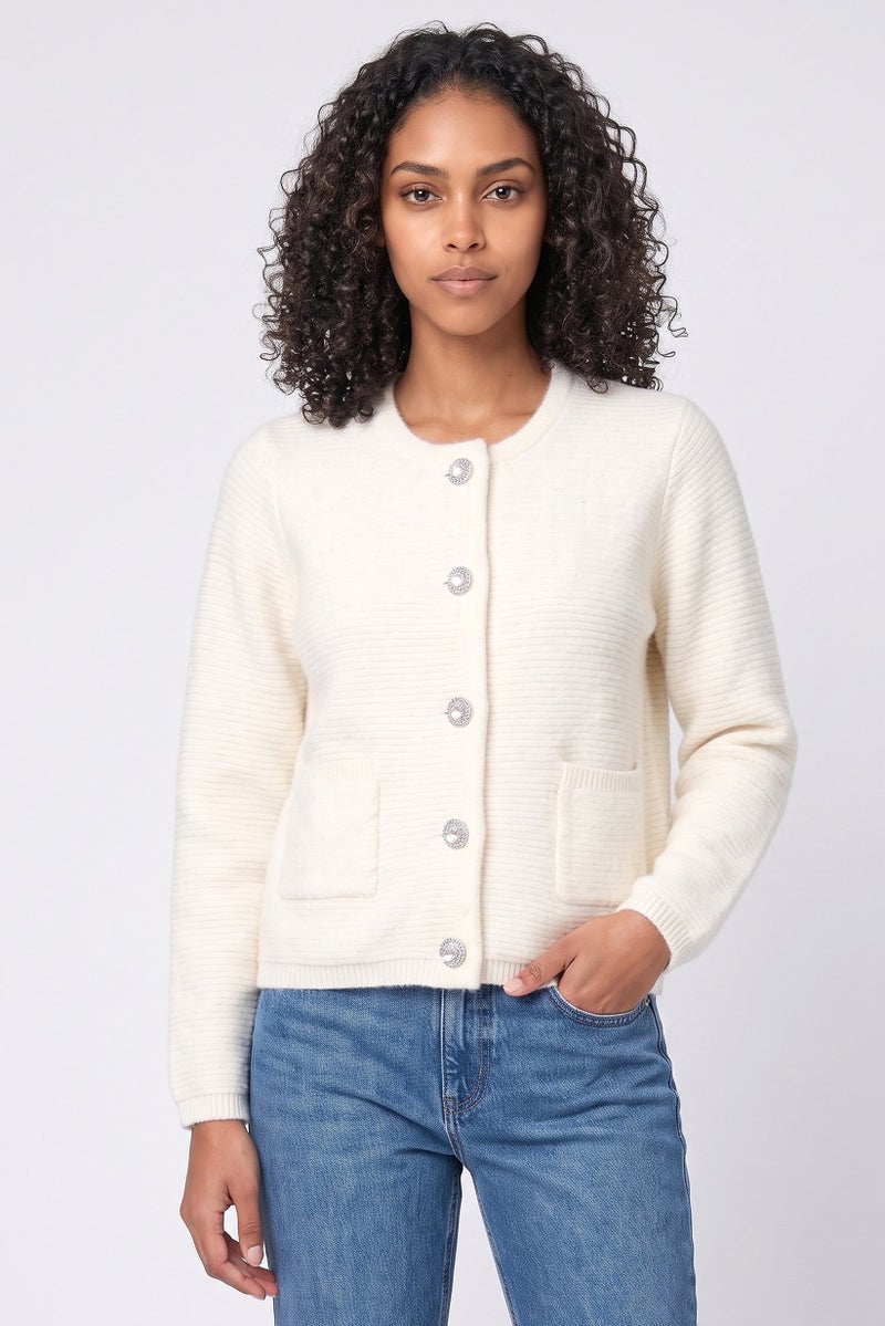 Walter Baker Women Round Neck Knitted Cardigan, Cream - Image 1