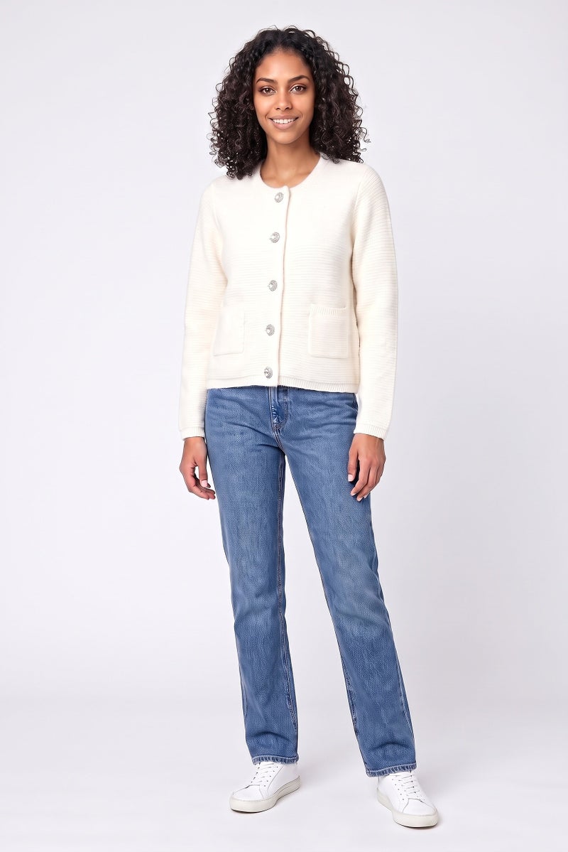 Walter Baker Women Round Neck Knitted Cardigan, Cream - Image 2