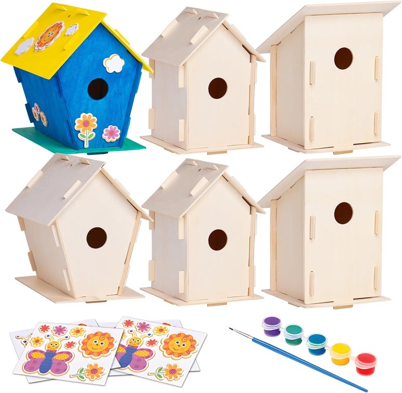 Neliblu DIY 12 Wooden Bird House Kits - Creative Arts and Crafts Set for Kids and Adults - Unfinished Wood Birdhouses with Paint Strips, Brushes, Stickers and Strings - 3 Unique Shapes, 2 Sizes - Image 1