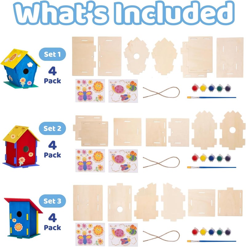 Neliblu DIY 12 Wooden Bird House Kits - Creative Arts and Crafts Set for Kids and Adults - Unfinished Wood Birdhouses with Paint Strips, Brushes, Stickers and Strings - 3 Unique Shapes, 2 Sizes - Image 3