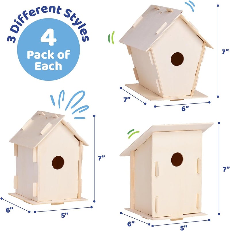 Neliblu DIY 12 Wooden Bird House Kits - Creative Arts and Crafts Set for Kids and Adults - Unfinished Wood Birdhouses with Paint Strips, Brushes, Stickers and Strings - 3 Unique Shapes, 2 Sizes - Image 4