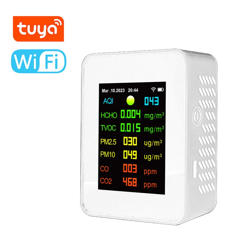 Tuya Wifi Portable Air Quality Meter 7in1 PM2.5 PM10 Carbonic Oxide Carbon Dioxide TVOC HCHO AQI Tester TFT Color Screen Carbon Dioxide Detector with Time and Date Display Function - Image 1