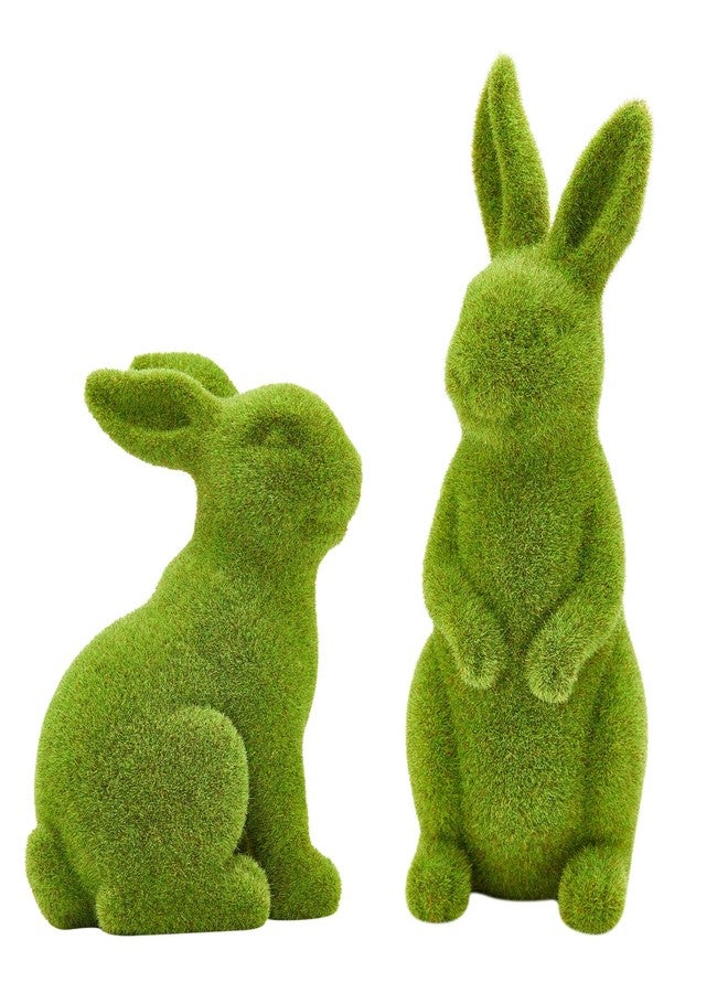 Zensounding 2PCS Easter Rabbit Decoration Green Moss Plush Rabbit Artificial Sculpture Green Plush Rabbit Resin Ornament Spring Garden Decoration Easter Gift Easter Decoration (Small 2PCS Standing+Sitting) - Image 1