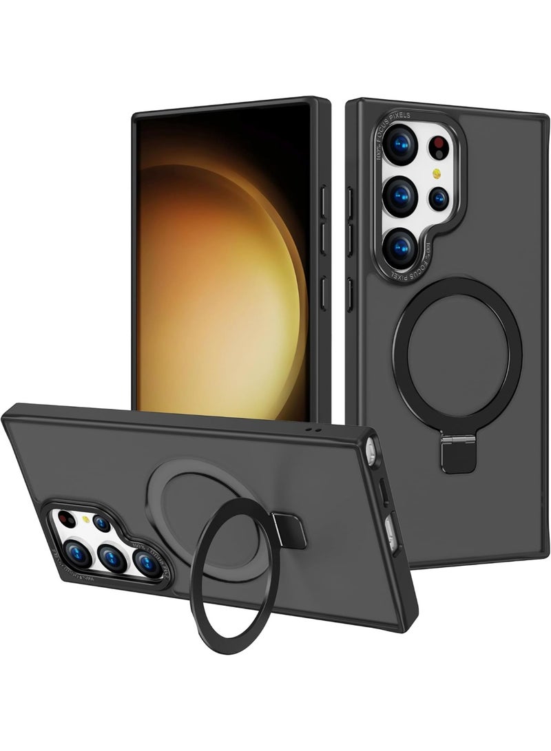 جراب مغناطيسي متوافق مع هاتف Samsung S25 Ultra مع حامل حلقي، [حماية من السقوط حتى 10 أقدام] [ملمس مخملي] جراب هاتف نحيف شفاف غير لامع مقاوم للصدمات لهاتف Samsung S25 Ultra (أسود)