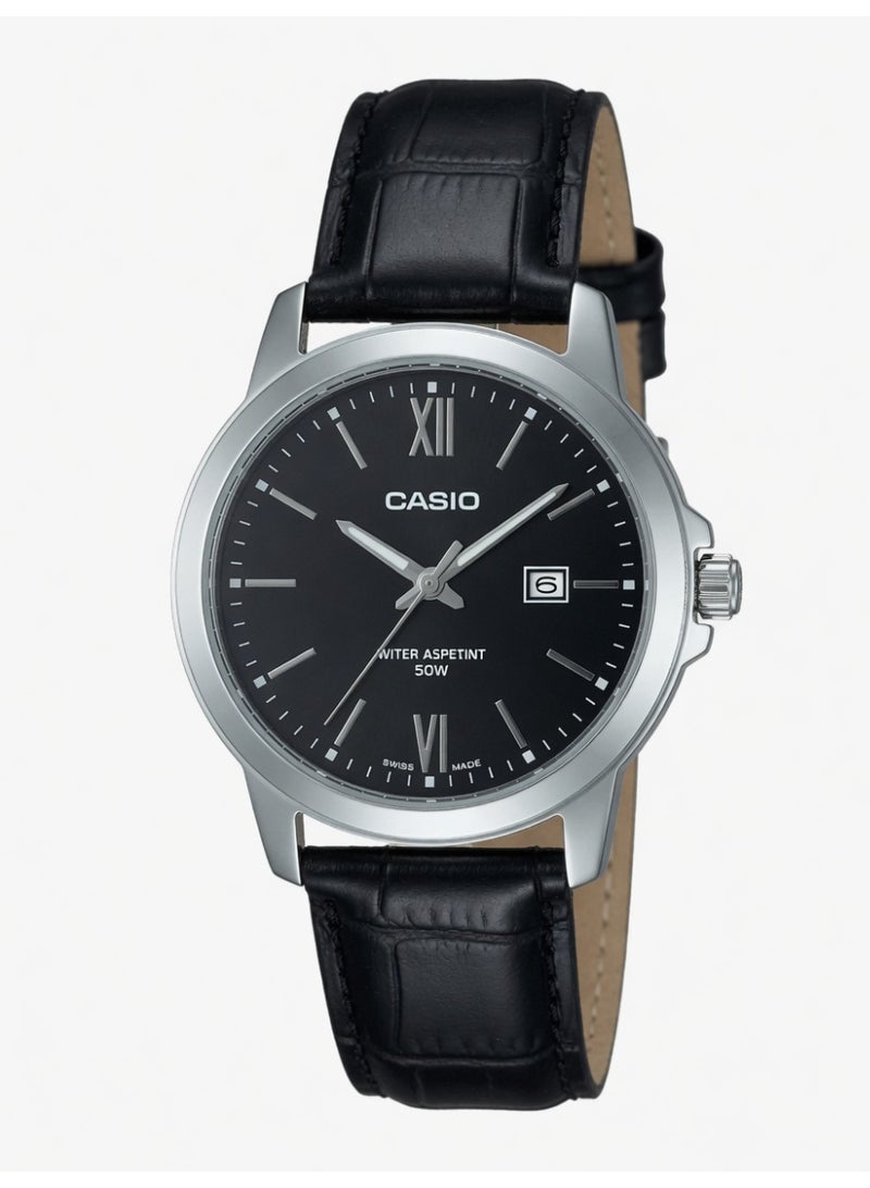 Casio Men's Enticer Analog Watch with Date Display and Black Leather Strap - MTP-V002L-1B3