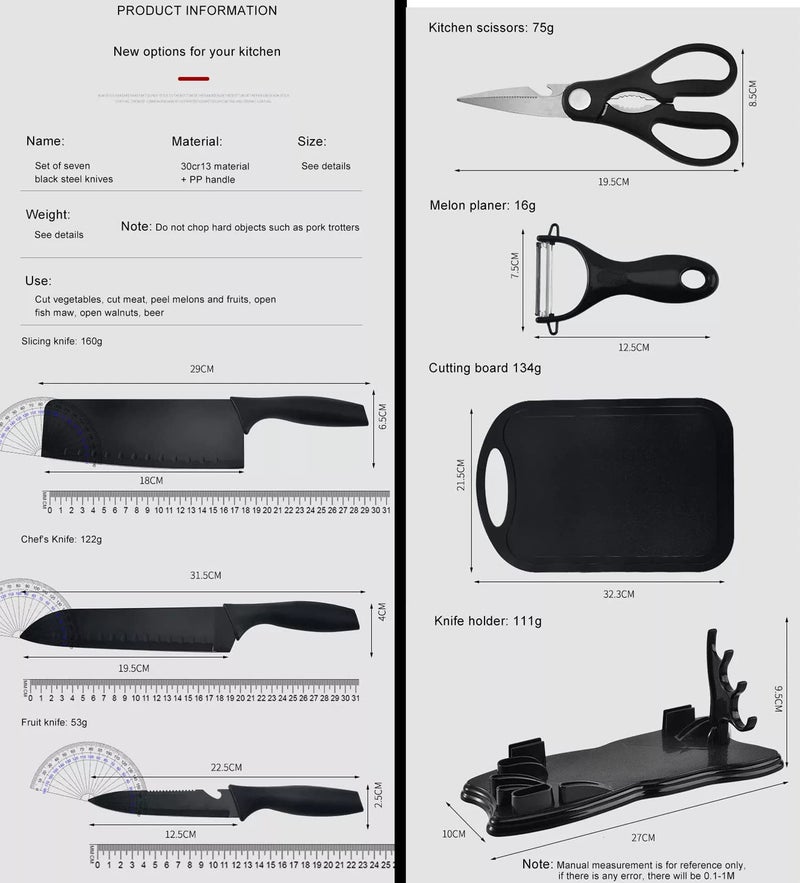 GTC 7pcs Black Premium Knife Set with Chopping Board | High Carbon Stainless Steel Non-Slip Triple Rivet Strong Handle | for Your Kitchen (HS0001 Black) - Image 3