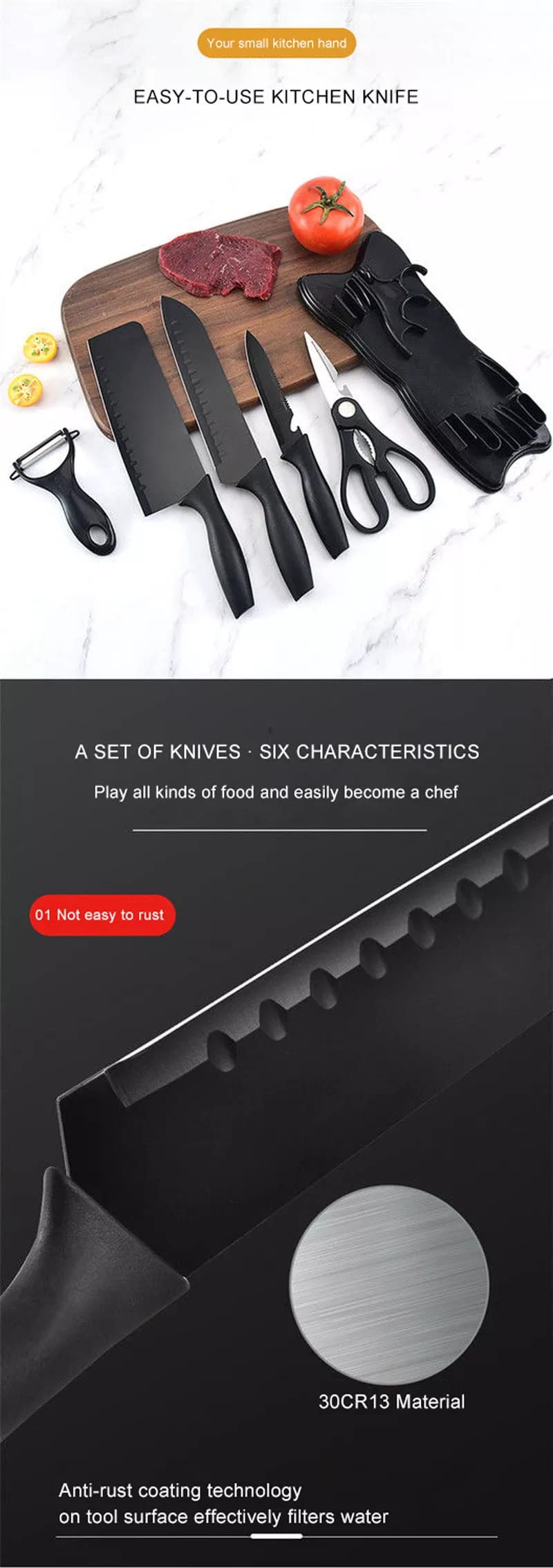 GTC 7pcs Black Premium Knife Set with Chopping Board | High Carbon Stainless Steel Non-Slip Triple Rivet Strong Handle | for Your Kitchen (HS0001 Black) - Image 2