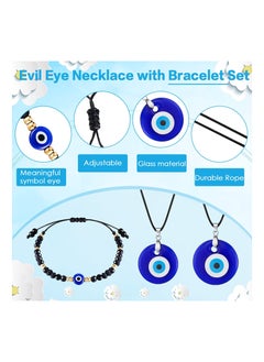 SYOSI 4 Pieces Evil Eye Bracelet and Necklace Set Third Eye Jewelry Blue Eye Bead Hamsa Hand Stretch Bracelet and Glass Eye Faux Leather Rope Chain Necklace for Women and Men  - Image 3