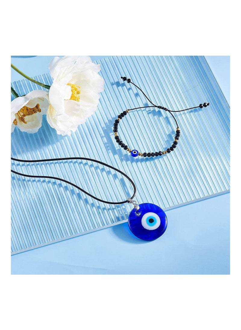 SYOSI - 4 Pieces Evil Eye Bracelet and Necklace Set Third Eye Jewelry Blue Eye Bead Hamsa Hand Stretch Bracelet and Glass Eye Faux Leather Rope Chain Necklace for Women and Men - Image 1