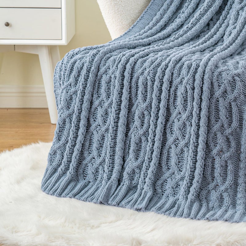 Battilo Bluish Grey Throw Blanket for Couch,51"x67", Super Soft Warm Cozy Chenille Knit Blankets for Bed, Sofa, Chair, Gift, Texture Decorative Boho Blanket for Living Room (Dusty Blue) - Image 1