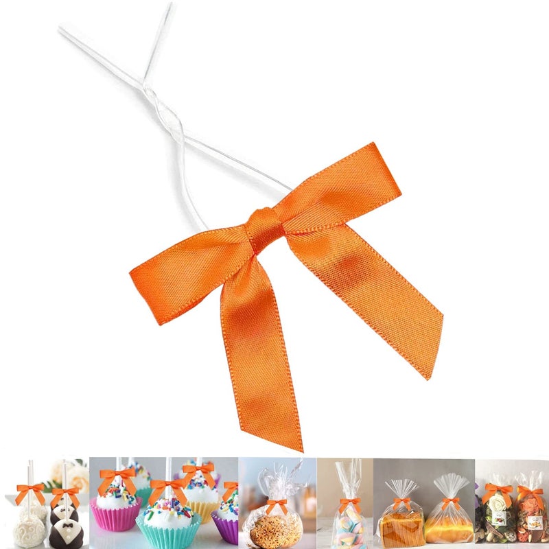 GUIFIER 50 Pack 3 Satin Twist Tie Bows Twist Bows for Treats Ribbon Bows with Twist Ties Gift Wrap Bows Pretied Bows Ties for Cake Pops Baby Shower Sweets Packaging Party Favors GiftsOrange - Image 3