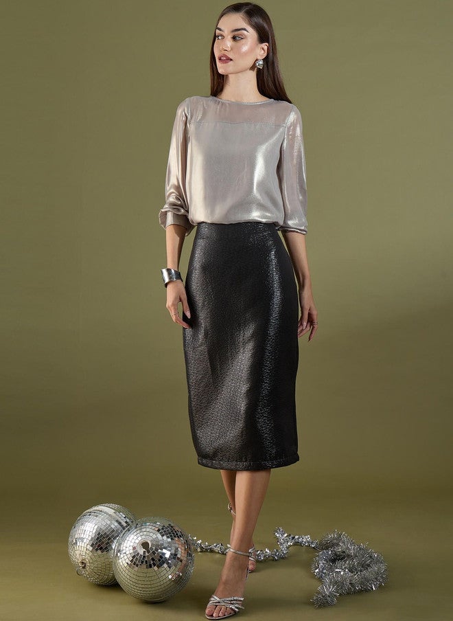SALT ATTIRE Black Solid Pencil Midi Skirt - Image 5