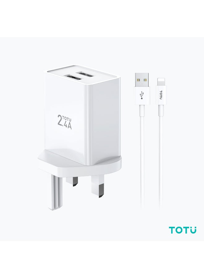 Totu 12W Wall Charger Dual USB Ports 2.4A Max Fast Charging iPhone Charger Adapter With Lightning Cable Included Safe Charging And Portable Size Compatible With iPhone, iPad, Power Bank - White - Image 1