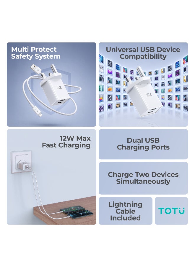 Totu 12W Wall Charger Dual USB Ports 2.4A Max Fast Charging iPhone Charger Adapter With Lightning Cable Included Safe Charging And Portable Size Compatible With iPhone, iPad, Power Bank - White - Image 2
