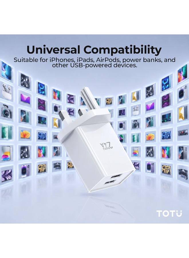 Totu 12W Wall Charger Dual USB Ports 2.4A Max Fast Charging iPhone Charger Adapter With Lightning Cable Included Safe Charging And Portable Size Compatible With iPhone, iPad, Power Bank - White - Image 3