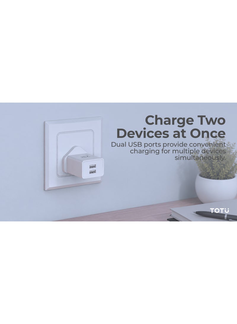 Totu 12W Wall Charger Dual USB Ports 2.4A Max Fast Charging iPhone Charger Adapter With Lightning Cable Included Safe Charging And Portable Size Compatible With iPhone, iPad, Power Bank - White - Image 4