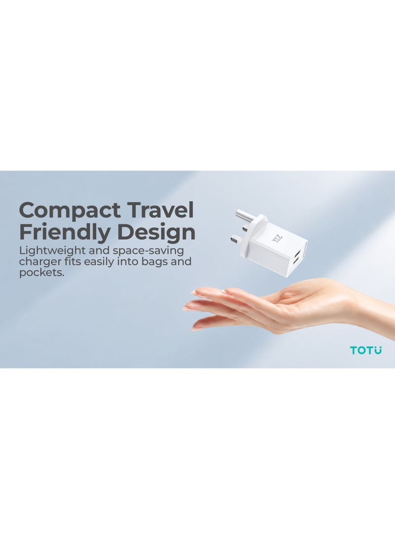 Totu 12W Wall Charger Dual USB Ports 2.4A Max Fast Charging iPhone Charger Adapter With Lightning Cable Included Safe Charging And Portable Size Compatible With iPhone, iPad, Power Bank - White - Image 5