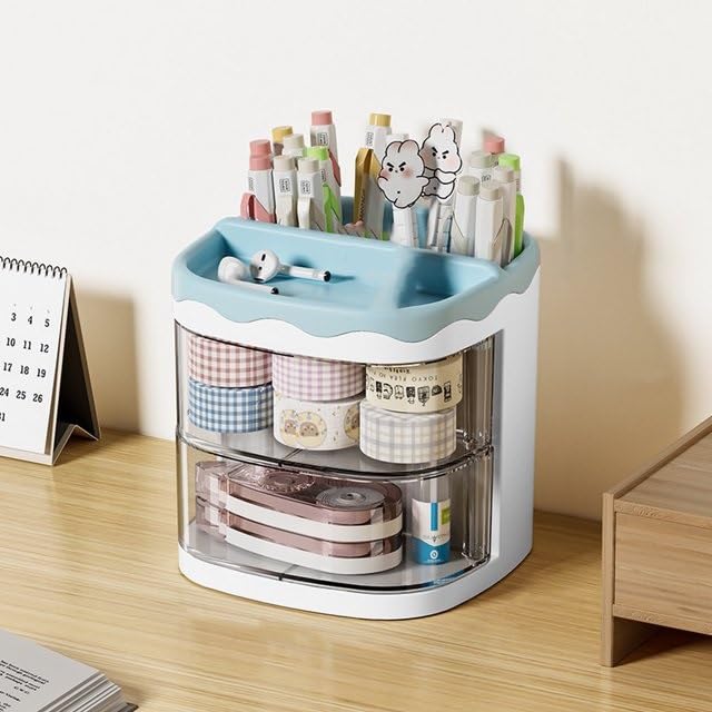 HOME CUBE Plastic Desk Organizer With Drawer Desktop Office Stationery Storage Box Desk Accessories Table Organiser Study Table Office Table Pen Stand- 2035 (Blue) - Image 1