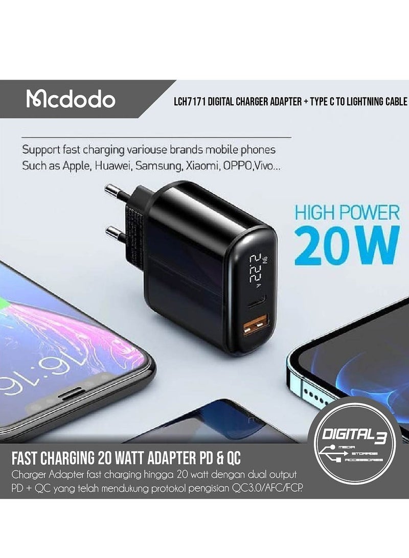 مكدودو MCDODO LCH-7171 شاحن آيفون شاشة ديجيتال مخرج مزدوج سريع 20 واط بالإضافة إلى كابل USB C إلى Lightning PD 1.2 متر - Image 3