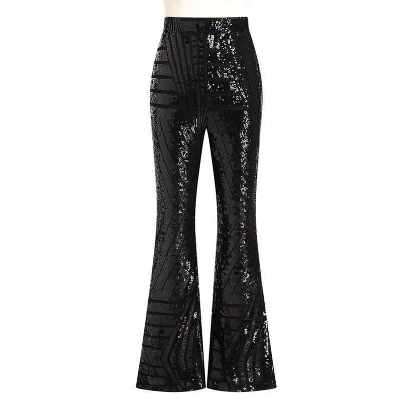 ODIZLI Black Sequin Women's Wide Leg Sparkle Pants - Glitter Disco Costume Clubwear Party Bell Bottom Leggings - Image 2