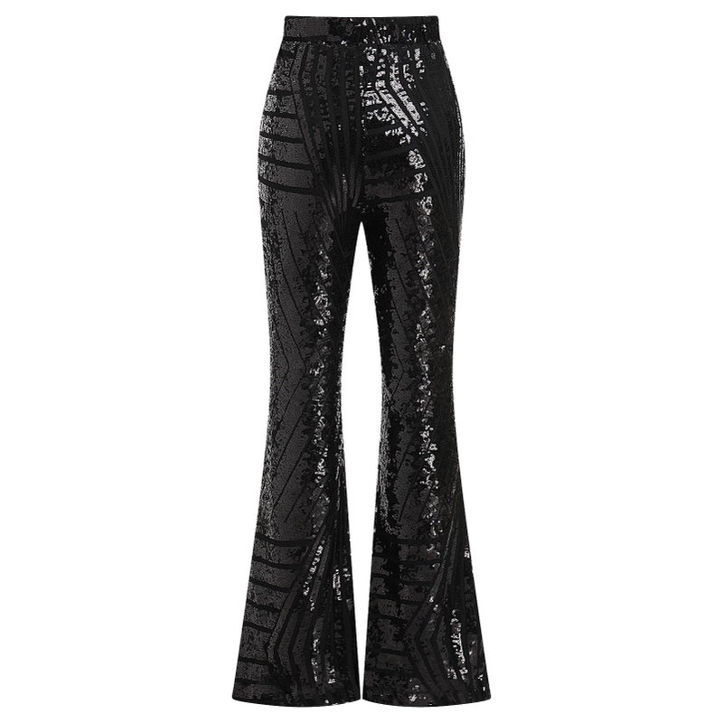 ODIZLI Black Sequin Women's Wide Leg Sparkle Pants - Glitter Disco Costume Clubwear Party Bell Bottom Leggings - Image 3