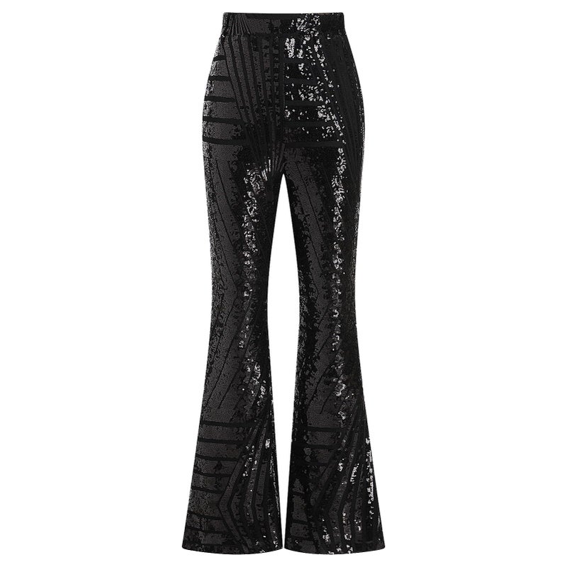 ODIZLI Black Sequin Women's Wide Leg Sparkle Pants - Glitter Disco Costume Clubwear Party Bell Bottom Leggings - Image 1
