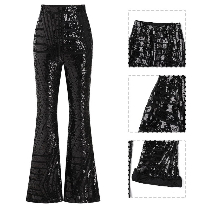 ODIZLI Black Sequin Women's Wide Leg Sparkle Pants - Glitter Disco Costume Clubwear Party Bell Bottom Leggings - Image 4