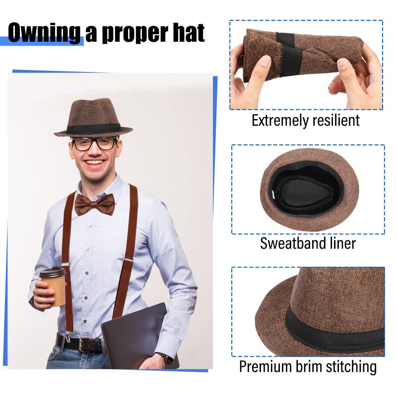 Handepo 18 Pcs 1920s Mens Accessories 6 Roaring 20s Gangster Hat 6 Sets Bow Tie and Suspenders for Men Y Back Suspenders Panama Hat Bow Tie, 6 Colors - Image 3