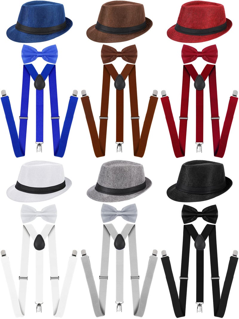 Handepo 18 Pcs 1920s Mens Accessories 6 Roaring 20s Gangster Hat 6 Sets Bow Tie and Suspenders for Men Y Back Suspenders Panama Hat Bow Tie, 6 Colors - Image 1