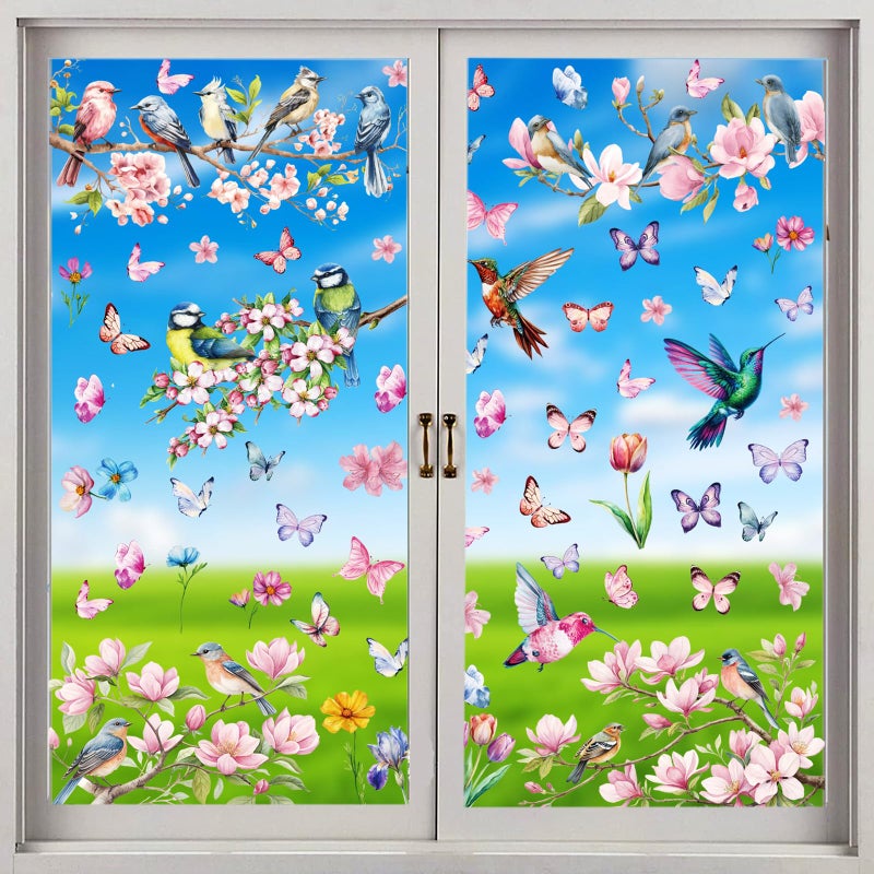 QNTCCX Spring Window Cling Sticker - 78PCS Tulip Butterfly Flower Hummingbirds Window Decal to Prevent Bird Strikes Home Party Decor Supplies Store Office Glass Window Display (Hummingbird Decals) - Image 1