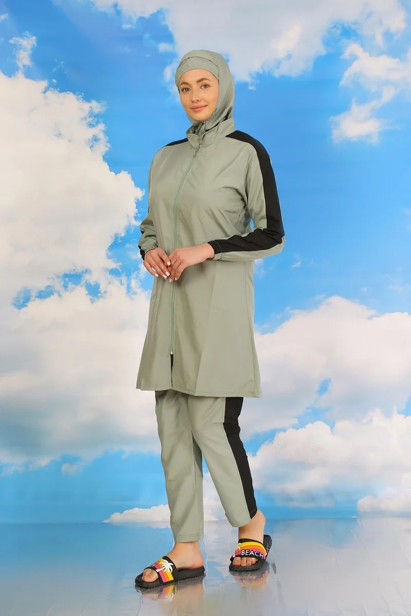Akbeniz Women's Full Hijab Swimsuit with Trousers and Striped Sleeves, Water Green 31065