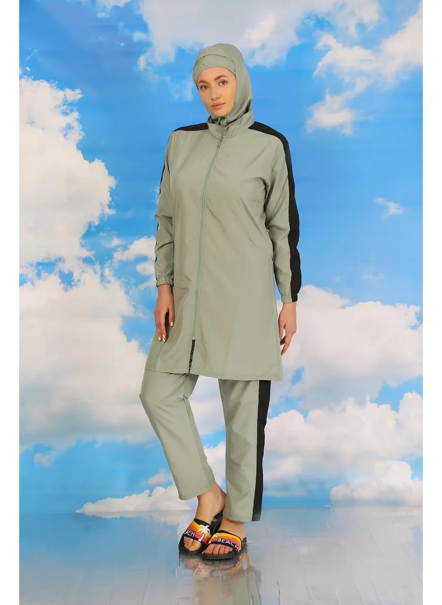 اكبينيز Women's Full Hijab Swimsuit with Trousers and Striped Sleeves, Water Green 31065