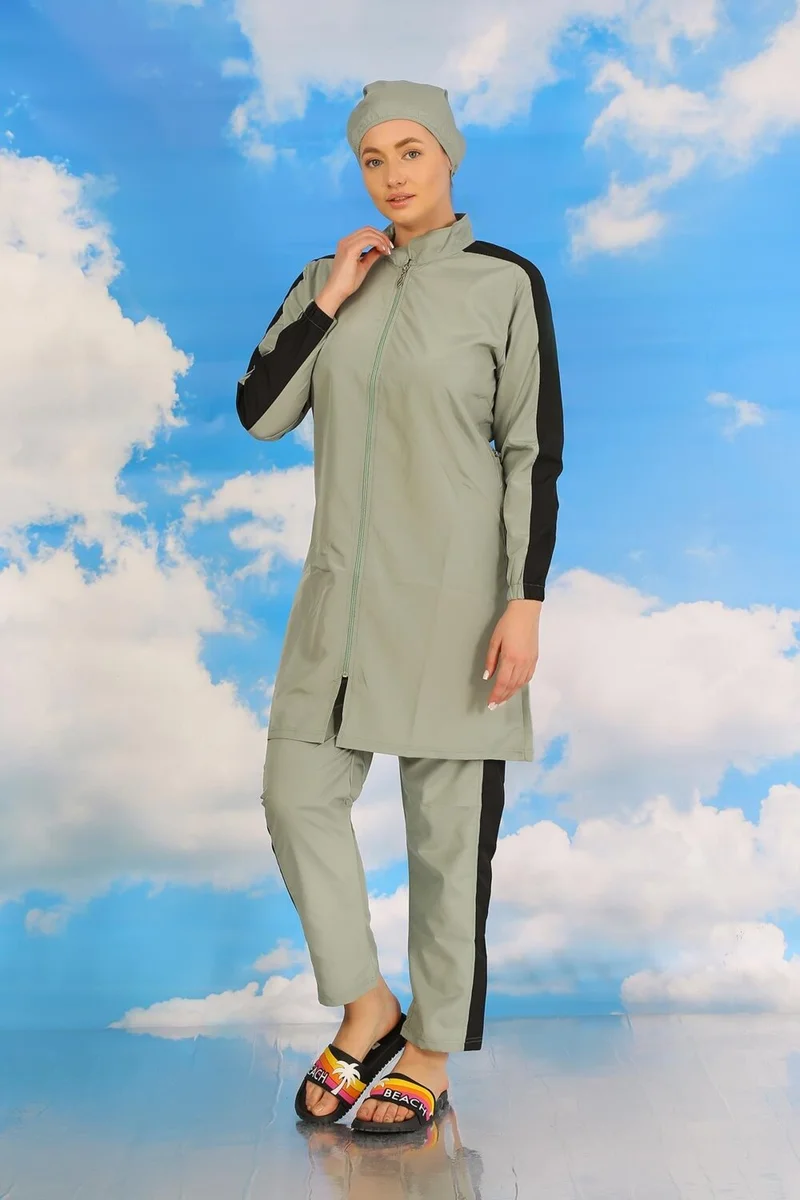 Akbeniz Women's Full Hijab Swimsuit with Trousers and Striped Sleeves, Water Green 31065