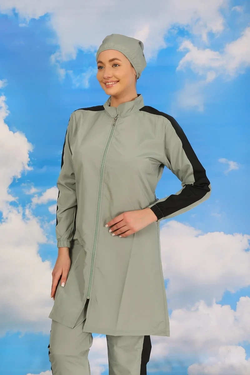 Akbeniz Women's Full Hijab Swimsuit with Trousers and Striped Sleeves, Water Green 31065