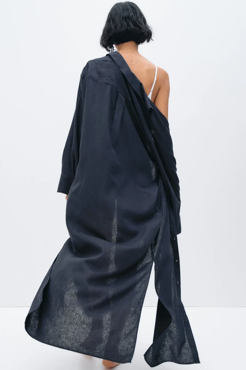 اتش اند ام فستان قميص من مزيج الكتان