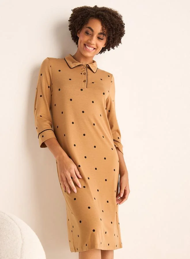 Splash FAV Polka Dot Print Shirt Dress with 3/4 Sleeves